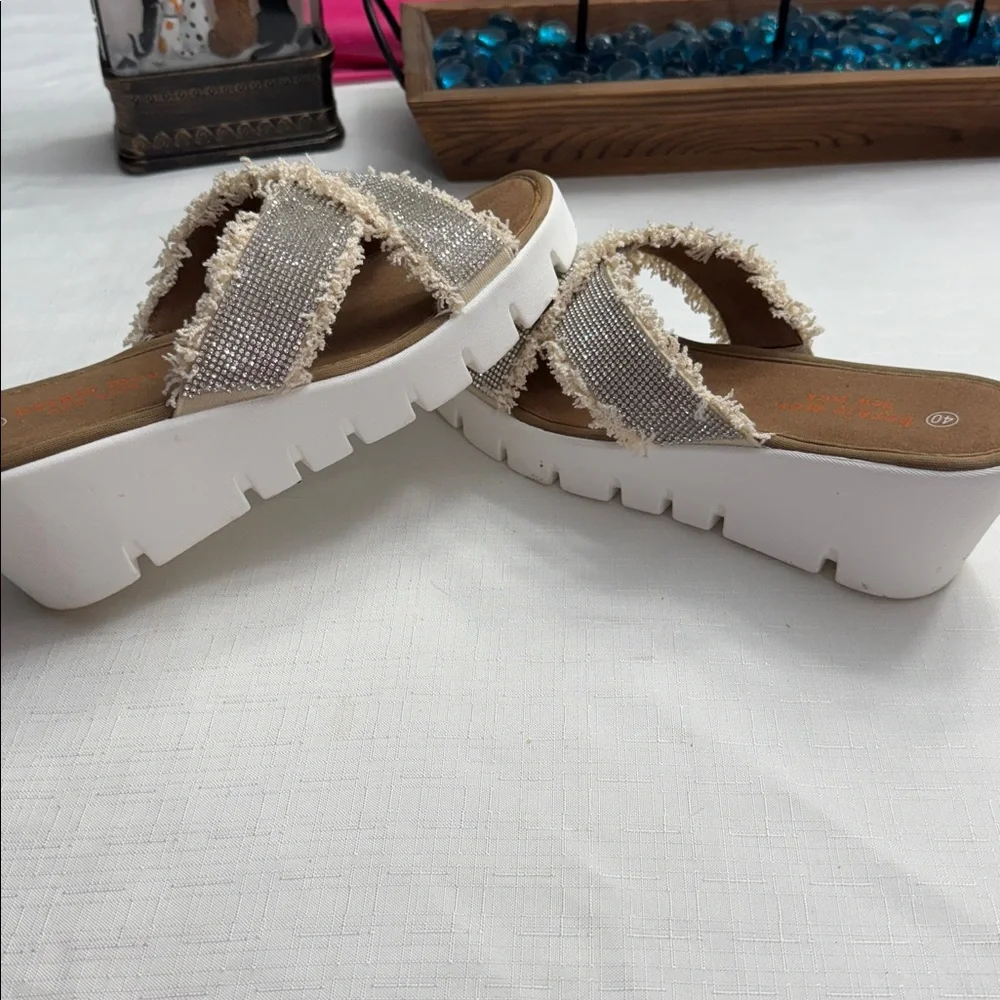 Bernie Mev Sparkling Silver and Cream Slides